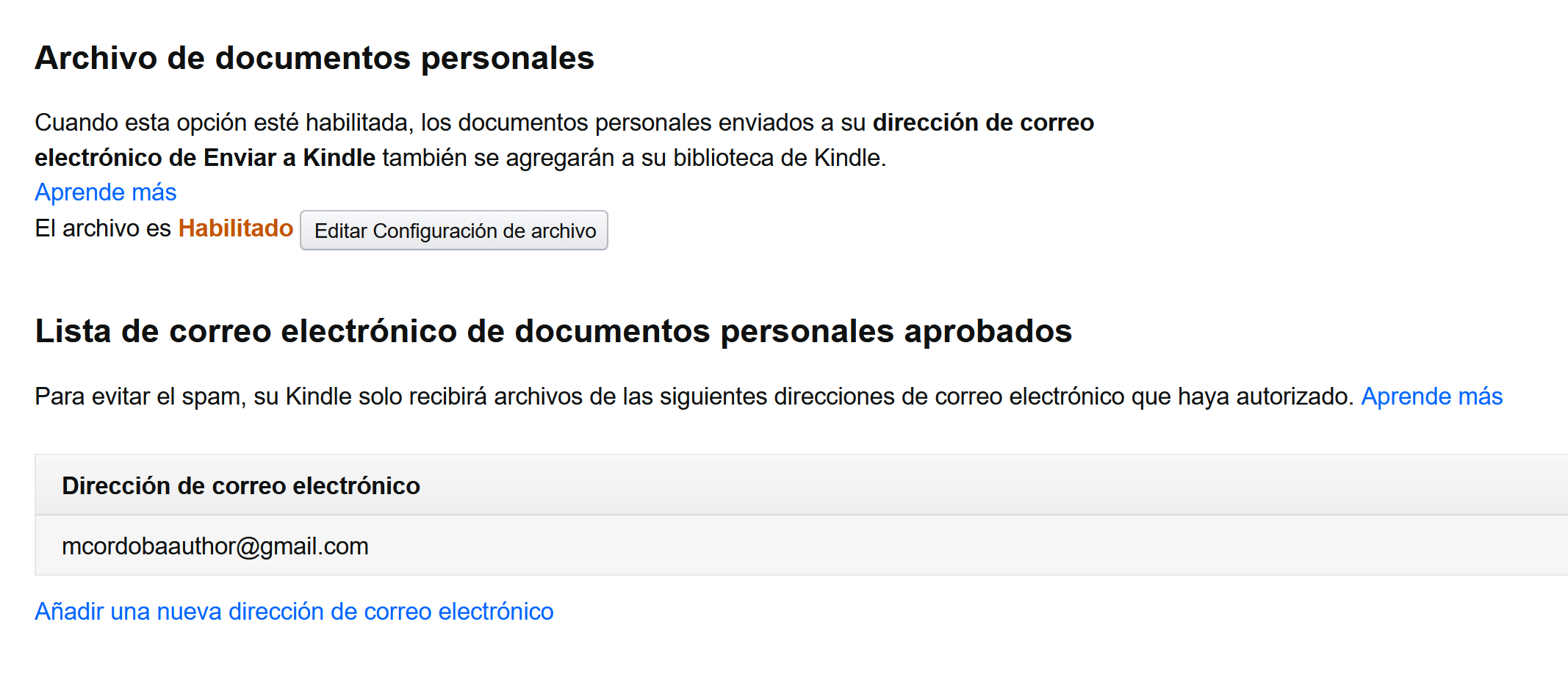 Captura de la lista de correos aprobados y el enlace para anadir una nueva direccion.